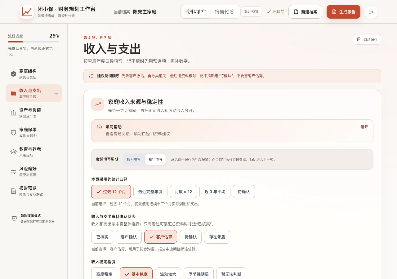 家庭财务规划工作台当前收入与支出页面,使用演示家庭资料